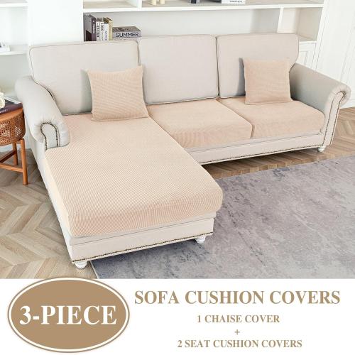 Couch Cushion Covers for Sectional Sofa L Shape Washable Separate Seat Chaise Couch Cover Stretch Sofa Slipcovers with 2 Pcs Pillowcases(2 Seater   1 Chaise, Natural)