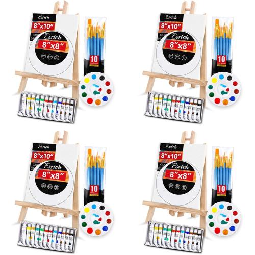 ESRICH Acrylic Paint Canvas Set,104 Piece Professional Painting Supplies Kit with 4 Wood Easel, 4 * 12Colors, 4 * 10 Paint Brushes, Canvas Etc, Premium Paint Kit for Artists Beginner