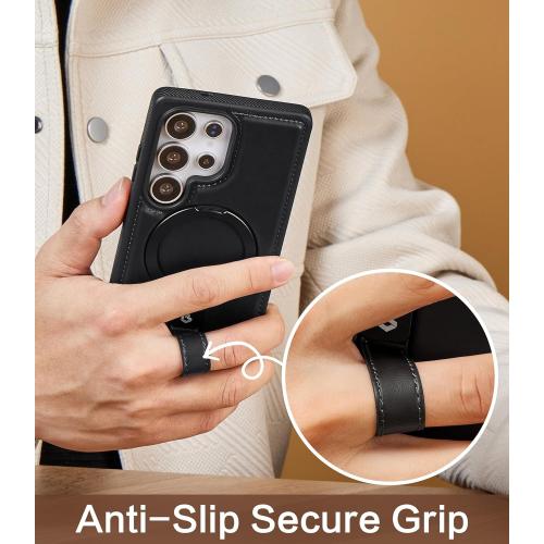 for Samsung Galaxy S25 Ultra Case Leather with Stand, Anti-Slip Grip Ring, Fits for MagSafe (Black, S25 Ultra)