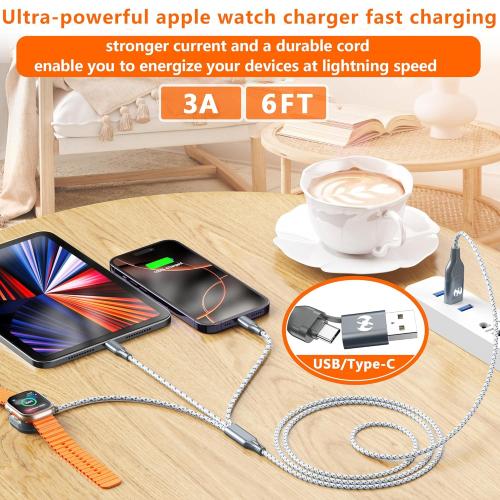 Multi Charging Cable for Apple Watch Charger 6FT, iPhone Charger USB A/C Multi Fast 3 in 1 Charging Cable for iWatch Ultra/SE/10-1 & iPhone16-5/Pro/Plus/iPad/iPod/Airpod