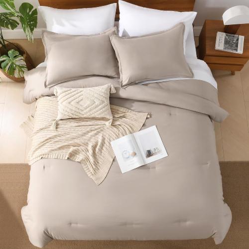 Andency California King Comforter Set - 7 Pieces Bed in a Bag Cal King Bedding Comforter Sets Oatmeal, Winter Solid Soft Lightweight Comforter with Fitted Sheets, Flat Sheets, Pillowcases & Shams