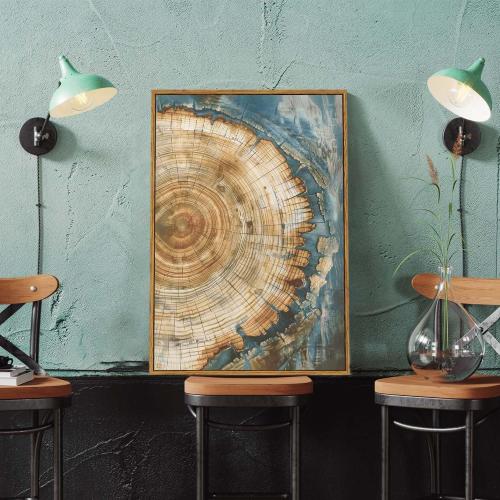 BingruiArt Faux Wood Tree Ring 08 Canvas Wall Art 16x24 Framed | Boho Abstract Nature Wall Decor, Green Abstract Wood Grain and Tree Stump Print, Living Room Bedroom Bathroom or Office