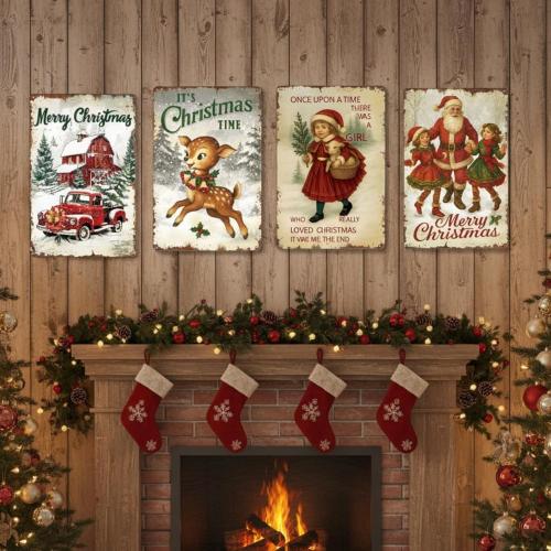 4 Pcs Vintage Christmas Wall Sign Metal Red Truck Little Girl Plaque Sign Decorations Santa Claus Elk Wall Art for Home Coffee Shop Retro Christmas Decor, 8 x 12 Inch