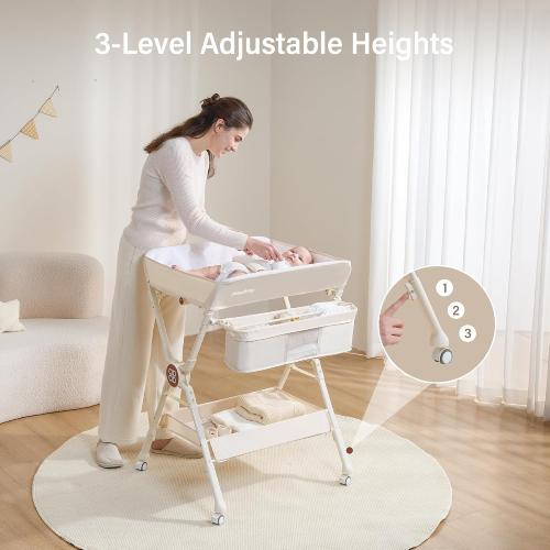 Maydolly Changing Table，Portable Diaper Changing Station, Foldable Baby Changing Table,Compact Nursery Diaper Changing Table for Baby，Adjustable Height，Mobile on Wheels (Beige)