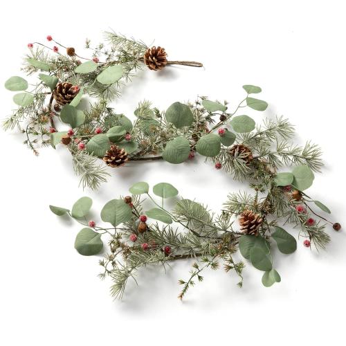 LOHASBEE Artificial Christmas Garland, 5 Feet Pine Cone Eucalyptus Garland with Snow, Red Berries, Bells Glitter for Christmas Indoor Outdoor Garden Gate Front Door Home Wall Window Stair Decor