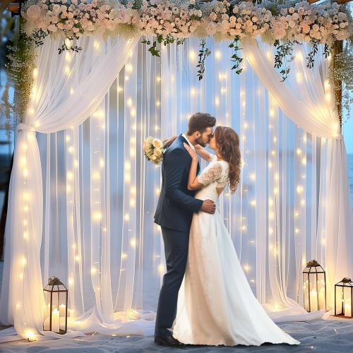 White Tulle Backdrop Curtain with Lights String 10×10ft Wedding Photo Sheer Backdrop Reception Curtains Lights for Backdrop Birthday Party Baby Shower Bridal Shower