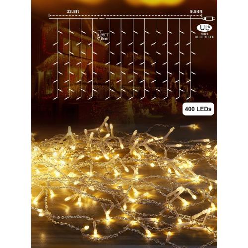 32.8FT Icicle Lights, Christmas Outdoor with 400LED 75 Drops, IP65 Waterproof Eaves Lights, 8 Modes, for Christmas Eaves Garden Room Decoration Warm White