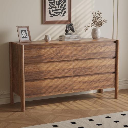CHUWELL Walnut 6 Drawers Dresser for Bedroom, 47.2 Wide Mid Century Modern Chest of Drawers with 4 Solid Wood Cylindrical Legs and Large Storage Space, Large Dresser for Bedroom (No test)