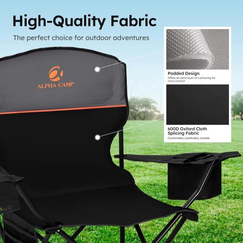 ALPHA CAMP Camping Chairs 350LBS Capacity, Heavy Duty Folding Chair with 4-Can Cooler Bag, Portable Outdoor Chair with Cup Holder for Adults, Collapsible for Tailgating, Beach, Fishing,Black,2PC