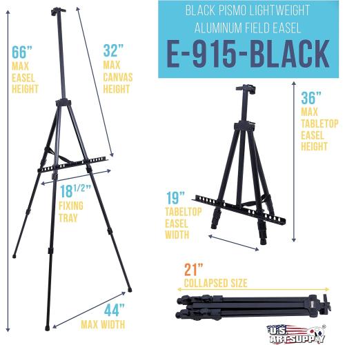 SIZE 66 Black U.S. Art Supply 66 Black Metal Tripod Easel Display - Adjustable 20- 5.5', Holds 32 Canvas - Floor/Tabletop Easel Stand, for Sign Display, Painting, Poster Board, Canvas - Portable Bag