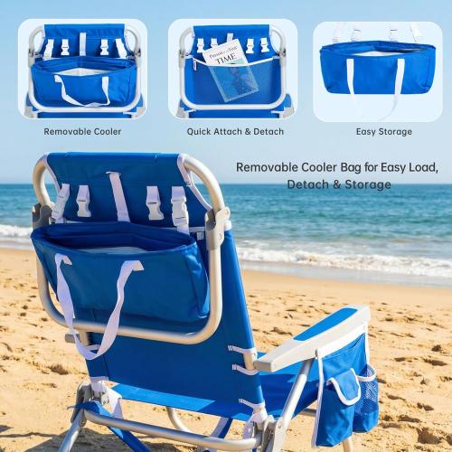 SUNNYFEEL Low Beach Chair, 5-Position Lay Flat Reclining Backpack Chair with Cooler Bag & Cup Holder, Portable Folding Beach Chair for Adults, Heavy Duty 350 LBS, Blue