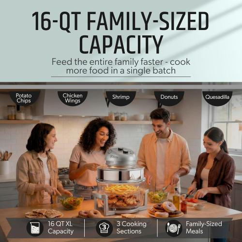 Granitestone 16Qt Large Glass Air Fryer Non Toxic – Family Sized Airfyrer Cooker with 3 Cooking Sections, Stainless Steel Racks, for French Fries, Chicken, No Preheat, Self Cleaning, Dishwasher Safe