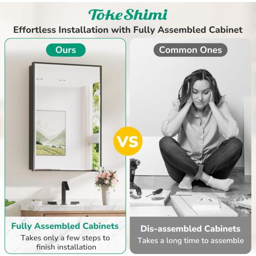 TokeShimi 12x36 Recessed Medicine Cabinet with Mirror Surface Mount, Aluminum Framed Metal Black Medicine Cabinet Mirrored, Bathroom Beveled Mirror with Storage Adjustable