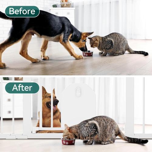 Babelio Auto Close Baby Gate with Cat Door,29-43 Metal Gate for Doorway,Stairs, House,Easy Walk Thru with Pet Door,Includes 4 Wall Cups and 3 Extension Pieces,White