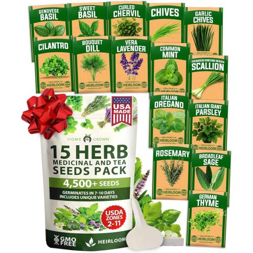 HOME GROWN 15 Herb Seeds for Planting 4,500  Non-GMO Heirloom Seeds | Extra Large Variety Pack Herb Kit – Indoor Outdoor & Hydroponic | Culinary Seed Set | Grow Your Own Herbs | Gardening Gift