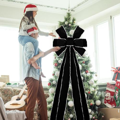 Hungdao Black 71 x 24 Inch Velvet Bow Giant Christmas Tree Topper Extra Large Wreath Bow Decoration Big Ribbon Tie with White Edge for Christmas Tree Xmas Indoor Front Door Wall Accent Porch Entryway