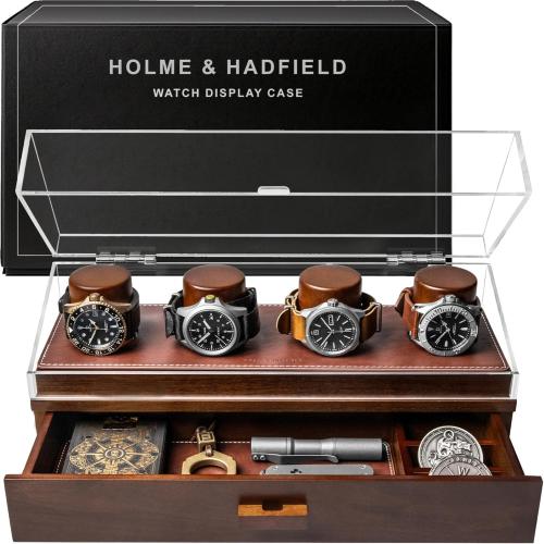 Walnut 4-slot Holme & Hadfield Personalized 4-Slot Wooden Watch Display Case – Handcrafted Men’s Watch Box with Accessory Drawer, Hinged Cover, Leather Lining – Birthday Gift for Collectors – Luxury Built to Last