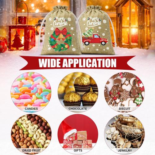 FLOE 72Pcs Christmas Burlap Gift Bags with Drawstring, 5x7in Christmas Linen Treat Bags with Tag, Xmas Candy Bag Small Jute Goody Reusable Gift Wrapping Bag Xmas Holiday Party Favors Sacks