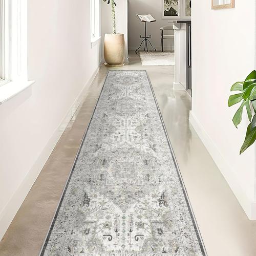 Madane Washable Runner Rug - 2x8 Runners for Hallways Kitchen Non-Slip Runner Rugs Ultra-Thin Laundry Room Rug Throw Carpet Runner for Entrance Living Dinning Room Foyer (Ivory/Brown, 2 x 8)
