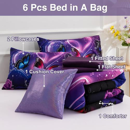 A Nice Night Purple Galaxy Butterfly 6pc Bedding Girls Comforter Sets,Full