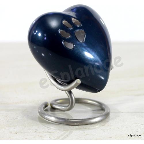 eSplanade Brass Mini Cremation Heart-Shaped Keepsake Memorial Jar Pot Container | Small Urn for Funeral Ashes Burial | Paws Engraved Metal Keepsake with Stand | Dark Blue - 2.75 Inches