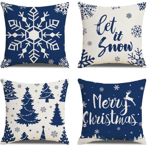 Christmas Pillow Covers 20X20 Navy Blue Christmas Throw Pillow Covers Farmhouse Pillow Cases Snowflake Holiday Decoration Pillowcases Xmas Trees Elk Deer Cushion Covers for Sofa Couch Set of 4