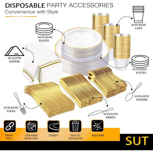 SUT 350Pcs Plastic Dinnerware Set for 50 Guests, Clear and Gold Plastic Plates, Disposable Plates and Napkins Party Supplies, Gold Silverware, Plates, Cups and Napkins Sets for Party Weddings