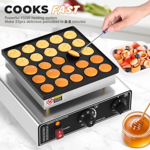 Size 25 Mini Pancake Maker, 25 Hole Mini Pancake Griddle, Commercial Non-Stick Dutch Pancake Maker with Temperature and Time Control for Breakfast, Desserts, Snacks and More