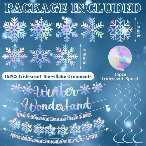 Pinkunn Winter Wonderland Party Decoration Iridescent Decoration Hanging Snowflake Garland Ornaments Iridescent Glitter Paper Spiral Banners for Holiday Birthday Home Party Decor