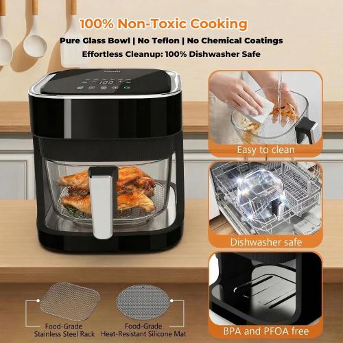 Glass Air Fryer, Non-Toxic Borosilicate Glass Basket with 360° View, Upgraded Food-Grade Stainless Steel Tray, 8-in-1 One-Touch Presets, Teflon-Free & Dishwasher Safe, Black