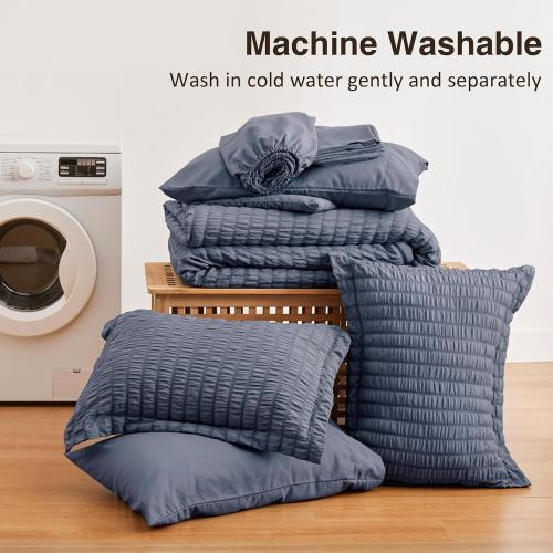 Size queen OekoTex cabin Seersucker Navy Blue Queen Comforter Set 7 Pieces, All Season Bedding Set, Queen Bed in a Bag Comforter Set with Comforter, Flat Sheet, Fitted Sheet, Pillowcase and Pillow Sham