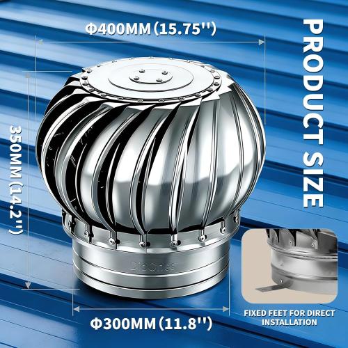 Stainless Steel Turbine Roof Ventilator, 304 Grade Metal Wind Turbine Cap, 11.8 Inch Attic Exhaust Vent, Rainproof Silent Operation (300mm (11.8 inches))