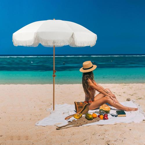 6.5ft Patio Umbrella with Fringe, Beach Umbrella, Fringe Umbrella Outdoor Patio with Hanging Hook, Tilting Aluminum Pole, UV 50 , Fiberglass Ribs, Elegant Cream