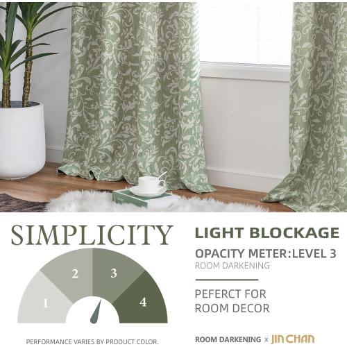 jinchan 80% Blackout Curtains for Living Room, Farmhouse Drapes with Scroll Floral Patterned for Bedroom, Grommet Top Thermal Insulated Curtains, Vintage Country Drapes 2 Panels Green