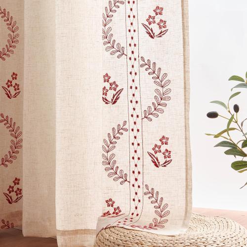jinchan Belrose Linen Curtains for Bedroom Floral Curtains 84 Inch Length Linen Blend Burgundy Red Embroidered Drapes Farmhouse Flower Patterned Drapes for Living Room Window Treatments Set 2 Panels
