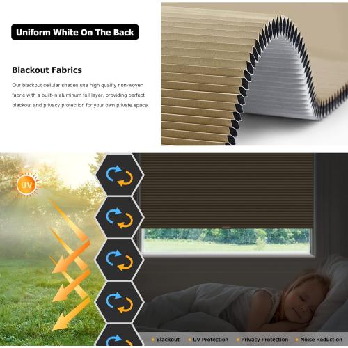 LazBlinds Cordless Cellular Shades, No Tools No Drill Blackout Honeycomb Shades Pleated Blinds for Windows, 35'' W x 48'' H, Taupe