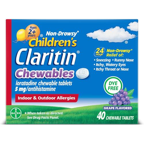 Claritin Children's Allergy Medicine, 24-Hour Non-Drowsy Loratadine 5mg Chewable Tablet, Antihistamine for Kids Ages 2 Years and Older, Grape Flavored, 40 tablets