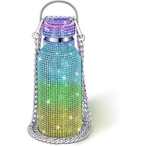 Geiserailie Diamond Water Bottle Bling Rhinestone Stainless Steel Thermal Bottle Refillable Insulated Glitter Water Jug with Chain for Women Girls Gifts(350 ml,Rainbow)
