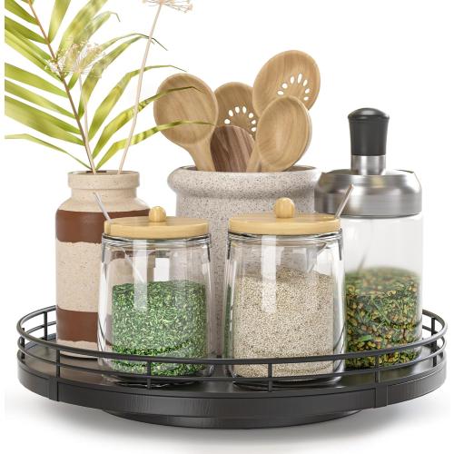 9 Oak Wood Lazy Susan Turntable Organizer, Lazy Susan for Cabinet Dining Table Pantry Wood Rotating Tray for Kitchen Countertop Coffee Table Decor Spinning Spice Can Organization and Storage Black