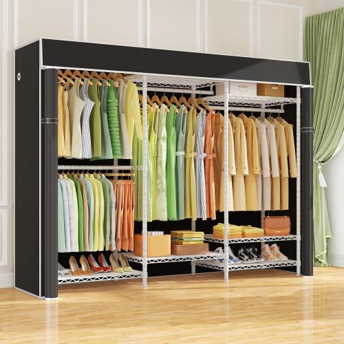 Ulif E13C Heavy Duty Closet Organizer System，Freestanding Clothing Racks for Hanging Clothes，Adjustable Garment Rack 63 W x 16 D x 77 H Hold 960 lbs，White Clothing Rack with Black Dustproof Cover