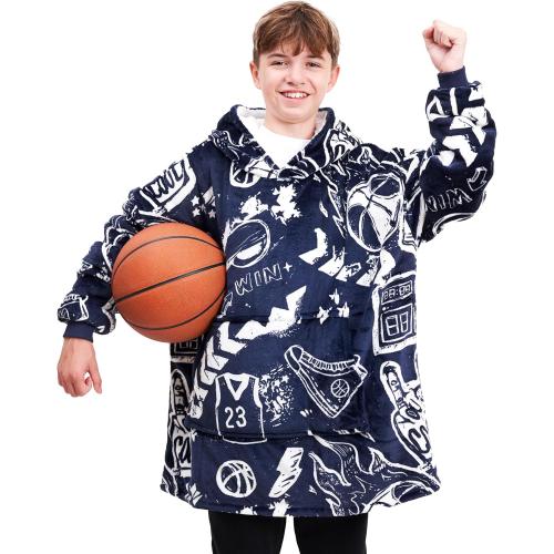 Size ONE FITS ALL  Sports Blanket Hoodie Men & Kids, Oversized Wearable Blanket Kids, Teens, Adults, Soccer & Basketball Hoodie Blanket for Boys