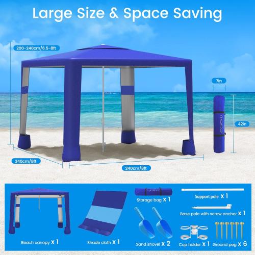 MoKo Beach Cabana, 8'×8' Large Beach Canopy with Side Wall, UPF 50  Protection Easy Setup Beach Tent Sun Shelter, Adjustable Height Wind Resistant Cabana Beach Tent for Whole Family, Navy Blue