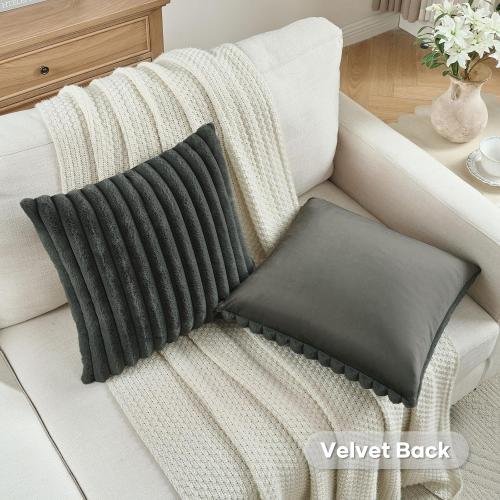 FUTEI Dark Grey Throw Pillow Covers Set of 2, 18x18 Inch Soft Faux Rabbit Fur Striped Texture Cushion Cases, Modern Decorative Couch Pillows for Living Room Bed