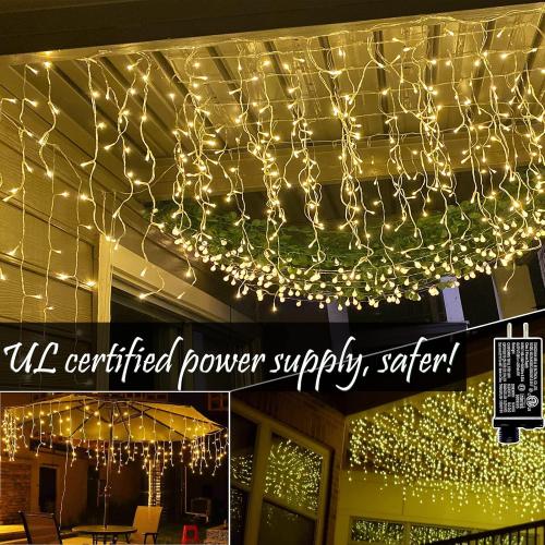 BLOFUN LED Lamps Outdoor Icicle Lights, 32.8 ft 400 LED - 8 Modes Curtain String Lights for Indoor/Outdoor, Wedding, Party, Holiday