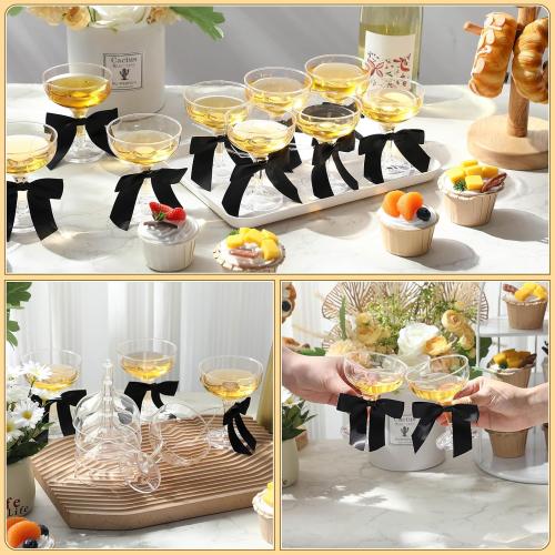 Zopeal 30 Set Champagne Coupe Cocktail Glasses 5 oz with Satin Ribbon Black Bow 3.5 Inch Plastic Margarita Martini Glasses for Birthday Bachelorette Party Gift Wedding Champagne Tower