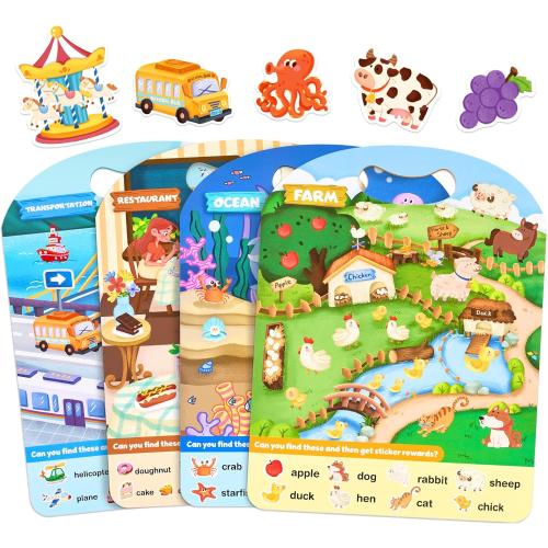 JoyCat Reusable Sticker Book Set (4-Pack), Kids Sticker Activity Books, 120  Jelly Stickers for Toddlers, Travel Toys for Car Airplane Road Trips, Preschool Educational Learning Gifts for Boys Girls