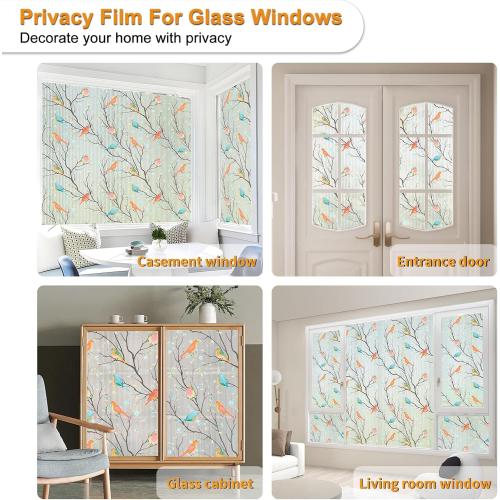 Bird Window Film Upgraded Reusable Stained Glass Window Film - No Glue, Decorative Privacy for Home Windows (Colorful Birds, 17.5 X 78.7 in)