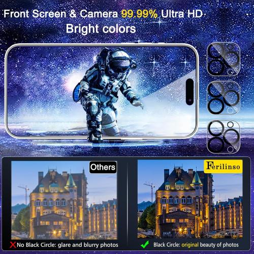 Ferilinso 3 Pack Screen Protector for iPhone 15 Pro with 3 Pack Tempered Glass Camera Lens Protector Phone Case Friendly Ultra Accessories Protector de Pantalla for Apple iPhone 15 Pro