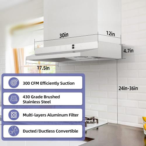 FIREGAS 30 inch Under Cabinet Range Hood, 300 CFM Powerful & 45dB Quiet Vent Hood, Slim Stainless Steel Stove Hood for Kitchen & Apartments, 2-Speed Exhaust Fan, Ducted/Ductless Convertible