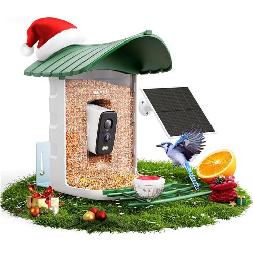 Bird Feeder with Camera, 1 Year Trial AI Identify, Birds Watching Camera with 4 DIY Add-ons, Smart Birds Cam with Solar Panel for Outdoor, Auto Record Videos, Gift for Bird Lover